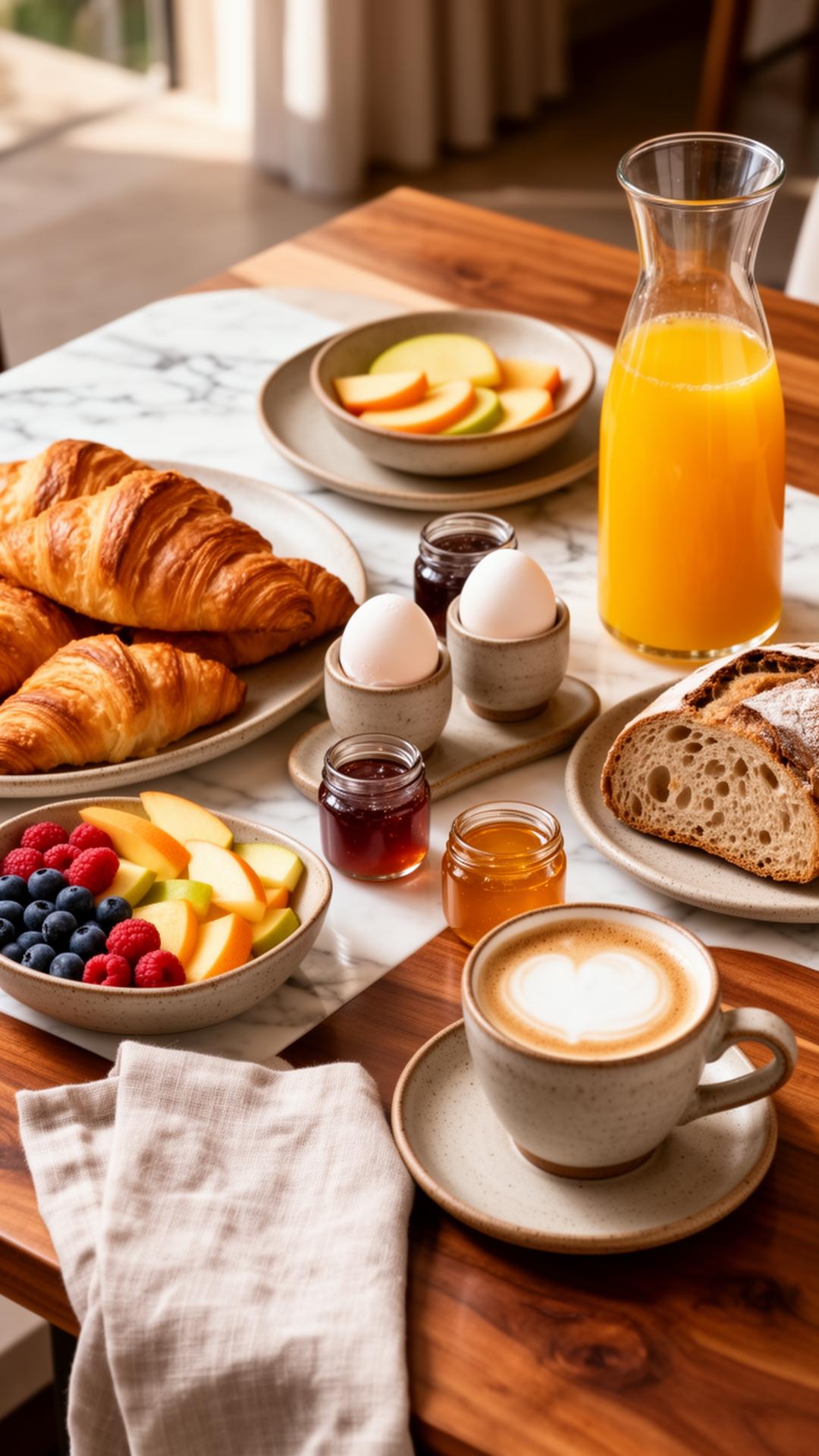 A plated breakfast with eggs, pastries and fruit